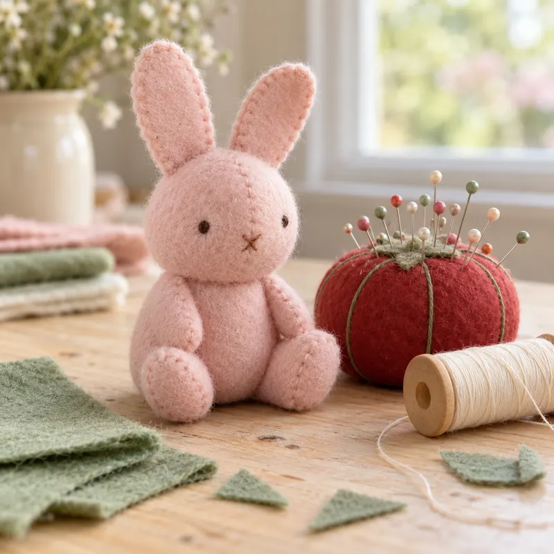 A pink felt softie beside a tomato pincushion and a spool of thread